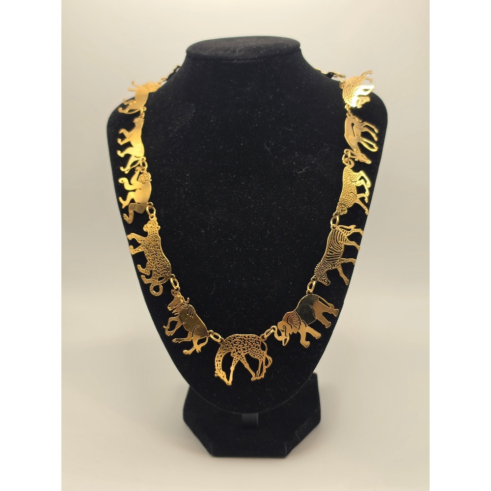 Wild Bryde Gold Tone Safari Animal Link Necklace Giraffe Elephant Zebra 20 Inch